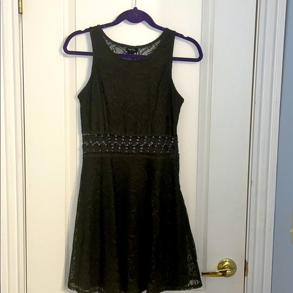 Lace Overlay Fit & Flare Dress with cutout midriff